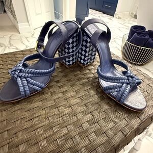 SCHUTZ Blue Braided Heels with Checkered Block